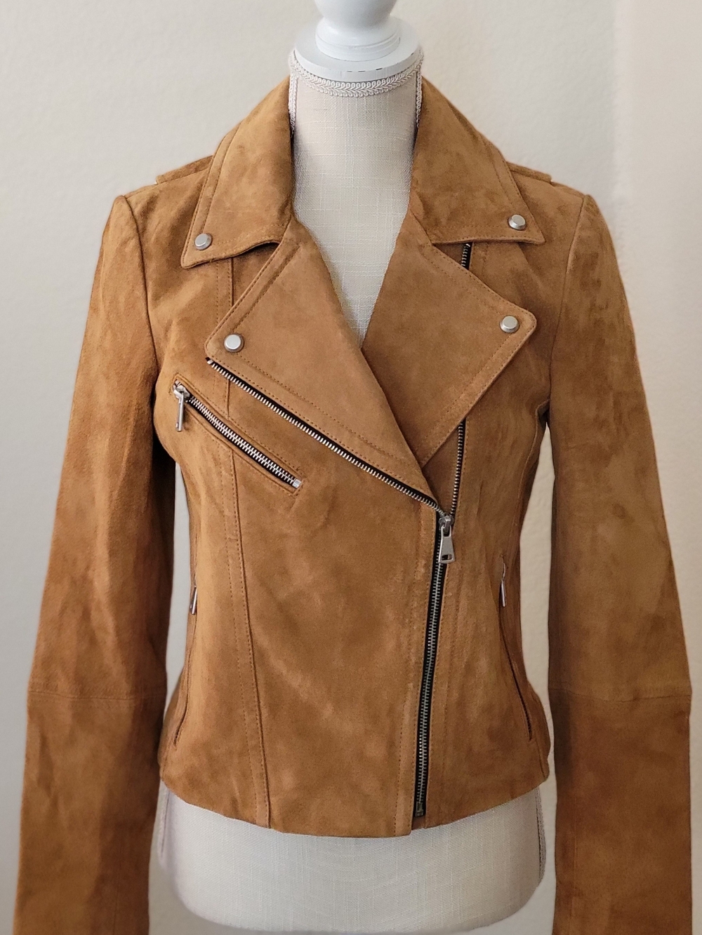 Bagatelle NYC Genuine Suede Leather Moto Jacket Asymmetric Camel Tan Small